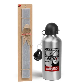 Naruto anime, Easter Set, metallic silver aluminum water bottle (500ml) & aromatic flat Easter candle (30cm) (GRAY)