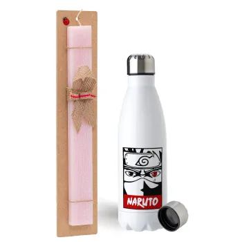 Naruto anime, Easter Set, metallic stainless steel water bottle (750ml) & scented flat Easter candle (30cm) (PINK)