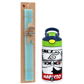 Naruto anime, Easter Set, Children's thermal stainless steel bottle with safety straw, green/blue (350ml) & aromatic flat Easter candle (30cm) (TURQUOISE)