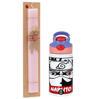 Naruto anime, Πασχαλινή Λαμπάδα με Παιδικό παγούρι θερμό, ανοξείδωτο, με καλαμάκι ασφαλείας, ροζ/μωβ (350ml) & κερί αρωματικό πλακέ (30cm) (ΡΟΖ)