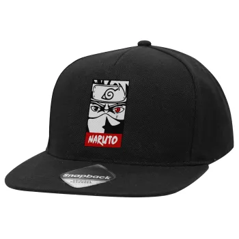 Naruto anime, Adult Flat Snapback Hat Black, (100% COTTON TWILL, ADULT, UNISEX, ONE SIZE)