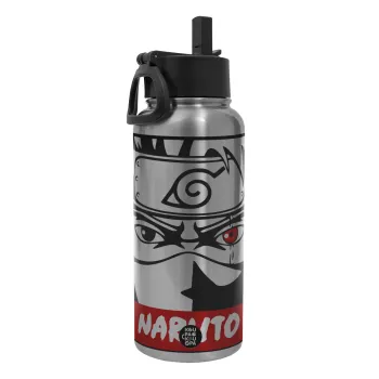 Naruto anime, Metal mug thermo Silver with Straw and Spout Lid (Stainless steel), double wall, 950ml