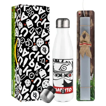 Naruto anime, Easter candle, metallic white thermos bottle (500ml) & aromatic flat candle (30cm) (GRAY)