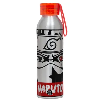 Naruto anime, Αλουμινένιο Αθλητικό Μπουκάλι 650ml – Ασημί με Κόκκινο Καπάκι και Λουράκι Σιλικόνης