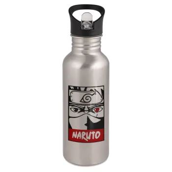 Naruto anime, Water bottle Silver with straw, stainless steel 600ml