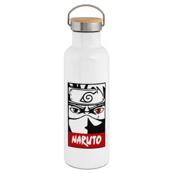 Naruto anime, Stainless steel White with wooden lid (bamboo), double wall, 750ml