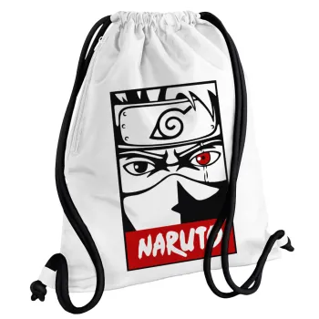 Naruto anime, Τσάντα πλάτης πουγκί GYMBAG λευκή, με τσέπη (40x48cm) & χονδρά κορδόνια