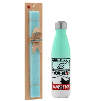 Naruto anime, Easter Set, Metallic green/white thermos (Stainless steel), double-walled, 500ml & scented flat Easter candle (30cm) (TURQUOISE)