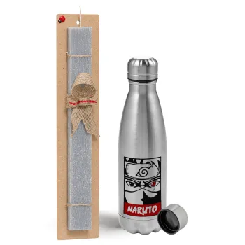 Naruto anime, Easter Set, metallic Inox water bottle (750ml) & aromatic flat Easter candle (30cm) (GRAY)