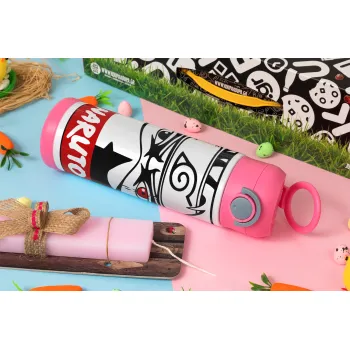 Naruto anime, Easter candle, Childrens hot water bottle, stainless steel, with safety straw, PINK (500ml)