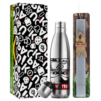 Naruto anime, Easter Set, metallic stainless thermos flask (500ml) & scented flat Easter candle (30cm) (GRAY)
