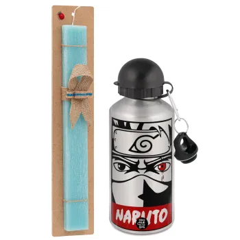 Naruto anime, Easter Set, metallic silver aluminum water bottle (500ml) & scented flat Easter candle (30cm) (TURQUOISE)