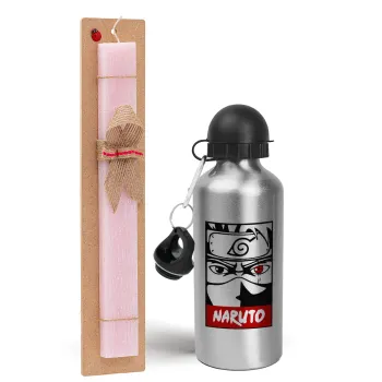 Naruto anime, Easter Set, metallic Silver aluminum water bottle (500ml) & scented flat Easter candle (30cm) (PINK)