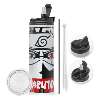 Naruto anime, Travel Tumbler θερμό με διπλό καπάκι, μεταλλικό καλαμάκι και βούρτσα καθαρισμού (Ανωξείδωτο 304 Food grade, BPA free, 600ml)