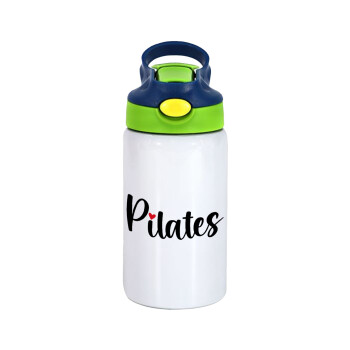 Pilates love, Children's hot water bottle, stainless steel, with safety straw, green, blue (350ml)