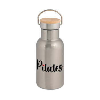 Pilates love, Μεταλλικό παγούρι θερμός (Stainless steel) Ασημένιο με ξύλινο καπακι (bamboo), διπλού τοιχώματος, 350ml