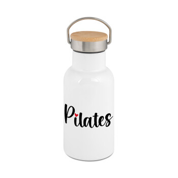 Pilates love, Μεταλλικό παγούρι θερμός (Stainless steel) Λευκό με ξύλινο καπακι (bamboo), διπλού τοιχώματος, 350ml