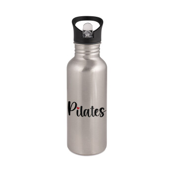 Pilates love, Water bottle Silver with straw, stainless steel 600ml