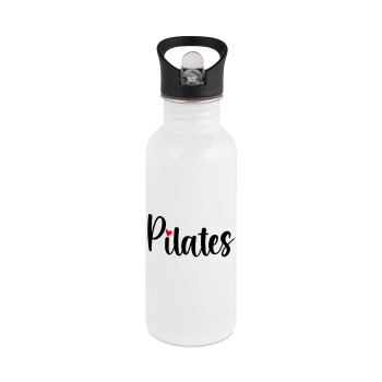 Pilates love, White water bottle with straw, stainless steel 600ml