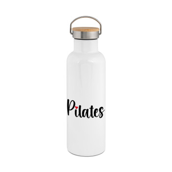 Pilates love, Stainless steel White with wooden lid (bamboo), double wall, 750ml