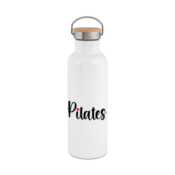 Pilates love, Μεταλλικό παγούρι θερμός (Stainless steel) Λευκό με ξύλινο καπάκι (bamboo), διπλού τοιχώματος, 750ml
