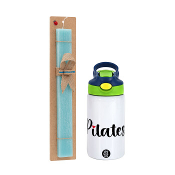 Pilates love, Easter Set, Children's thermal stainless steel bottle with safety straw, green/blue (350ml) & aromatic flat Easter candle (30cm) (TURQUOISE)