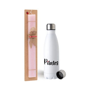 Pilates love, Easter Set, metallic stainless steel water bottle (750ml) & scented flat Easter candle (30cm) (PINK)