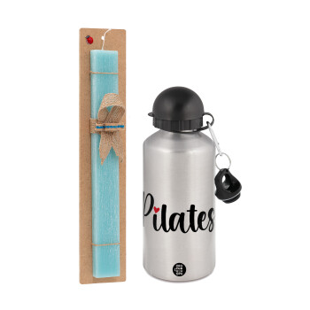 Pilates love, Easter Set, metallic silver aluminum water bottle (500ml) & scented flat Easter candle (30cm) (TURQUOISE)
