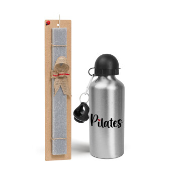 Pilates love, Πασχαλινό Σετ, παγούρι μεταλλικό Ασημένιο αλουμινίου (500ml) & πασχαλινή λαμπάδα αρωματική πλακέ (30cm) (ΓΚΡΙ)