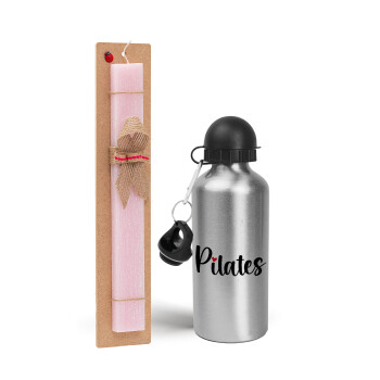 Pilates love, Πασχαλινό Σετ, παγούρι μεταλλικό Ασημένιο αλουμινίου (500ml) & πασχαλινή λαμπάδα αρωματική πλακέ (30cm) (ΡΟΖ)