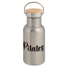 Stainless steel metallic thermos flask, silver with a bamboo lid, double-walled, 350ml.