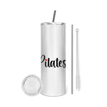 Pilates love, Tumbler ποτήρι θερμό από ανοξείδωτο ατσάλι 600ml, με μεταλλικό καλαμάκι & βούρτσα καθαρισμού