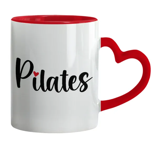 Pilates love — Κούπα καρδιά χερούλι κόκκινη, κεραμική, 330ml