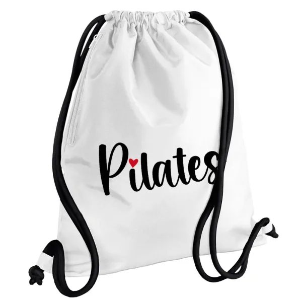 Pilates love — Τσάντα πλάτης πουγκί GYMBAG λευκή, με τσέπη (40x48cm) & χονδρά κορδόνια