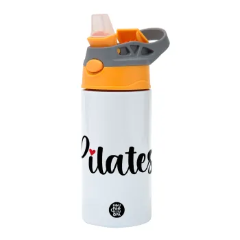 Pilates love, Children's hot water bottle, stainless steel, with safety straw, Orange/Grey (360ml) BPA-FREE
