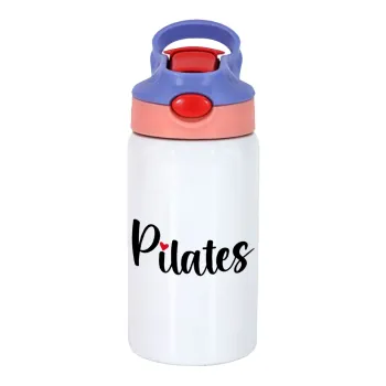 Pilates love, Children's hot water bottle, stainless steel, with safety straw, pink/purple (350ml)