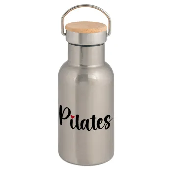 Pilates love, Μεταλλικό παγούρι θερμός (Stainless steel) Ασημένιο με ξύλινο καπακι (bamboo), διπλού τοιχώματος, 350ml