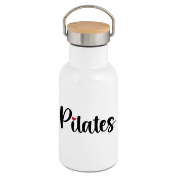 Pilates love, Metallic thermos (Stainless steel) White with wooden lid (bamboo), double-walled, 350ml