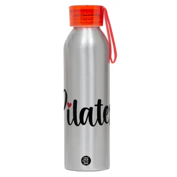 Pilates love, Αλουμινένιο Αθλητικό Μπουκάλι 650ml – Ασημί με Κόκκινο Καπάκι και Λουράκι Σιλικόνης