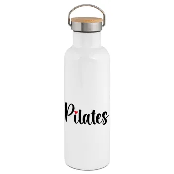 Pilates love, Μεταλλικό παγούρι θερμός (Stainless steel) Λευκό με ξύλινο καπάκι (bamboo), διπλού τοιχώματος, 750ml