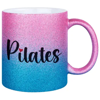 Pilates love, Κούπα Χρυσή/Μπλε Glitter, κεραμική, 330ml
