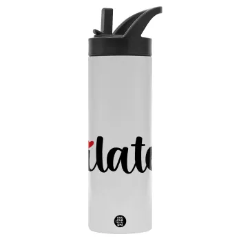Pilates love, Metallic thermos bottle with straw & handle, stainless steel (Stainless steel 304), double-walled, 600ml.
