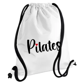Pilates love, Τσάντα πλάτης πουγκί GYMBAG λευκή, με τσέπη (40x48cm) & χονδρά κορδόνια