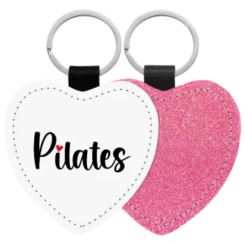 Pilates love, Μπρελόκ PU δερμάτινο glitter καρδιά ΡΟΖ