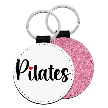 Pilates love, Μπρελόκ Δερματίνη, στρογγυλό ΡΟΖ (5cm)