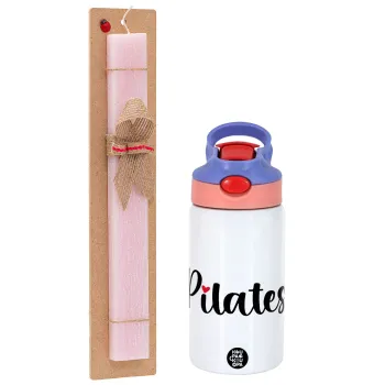 Pilates love, Easter Set, Children's thermal stainless steel water bottle with safety straw, pink/purple (350ml) & Easter scented flat candle (30cm) (PINK)