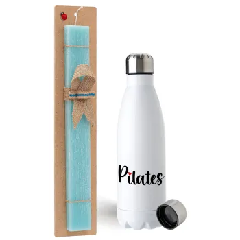 Pilates love, Easter Set, metallic stainless steel water bottle (750ml) & aromatic flat Easter candle (30cm) (TURQUOISE)