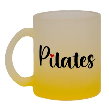 Pilates love, Κούπα γυάλινη δίχρωμη με βάση το κίτρινο ματ, 330ml