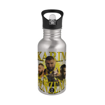 Karim Benzema, Water bottle Silver with straw, stainless steel 500ml
