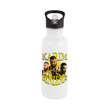 Karim Benzema, White water bottle with straw, stainless steel 600ml